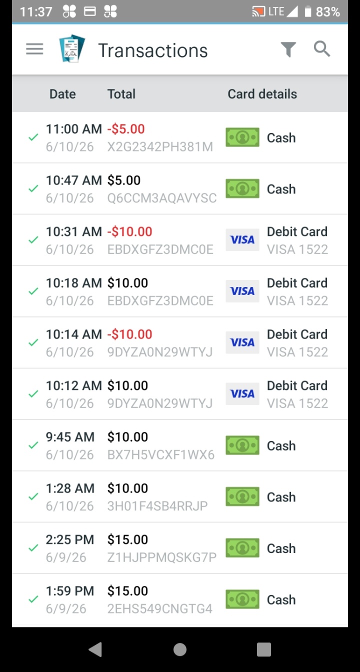 Transactions app showing a list of recent transactions filtered by employee.